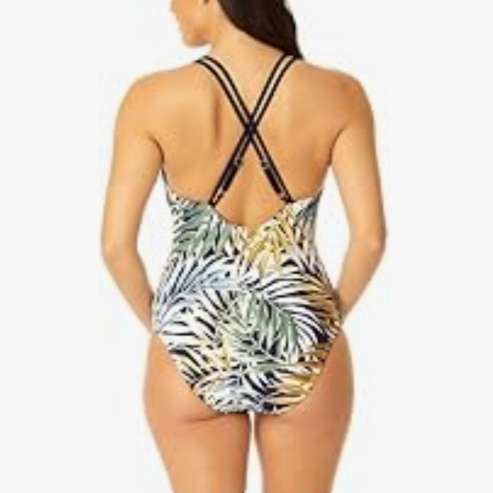 Hurley Tropical Blue Green Brown White Floral One Piece Swimsuit Women Sz L New - Picture 2 of 15